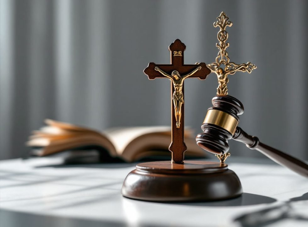 Um martelo da justiça e uma cruz em cima de mesa e um livro .